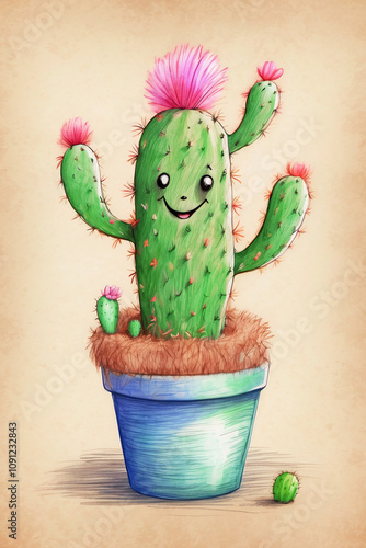 Happy Cute Smiling Celebrating Cartoon Cactus Birthday Anniversary Wedding Christmas Illustration Isolated Background Copy Space For Text Logo Or Other Overlay 300 PPI High Resolution Image