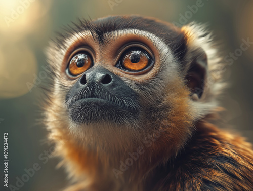 Close Up Portrait of Night Monkey, Owl Monkey, Douroucouli in Tropical Forest