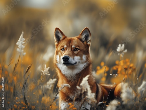 Portrait of a Dingo, Canis lupus dingo, surrounded by grassland flora