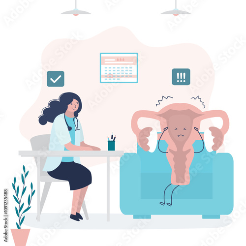 Internal organ asks for help. Sad female cartoon uterus, unhappy mascot talking with doctor gynecologist. Exam in clinic. Suffering of diseased human reproductive organ.
