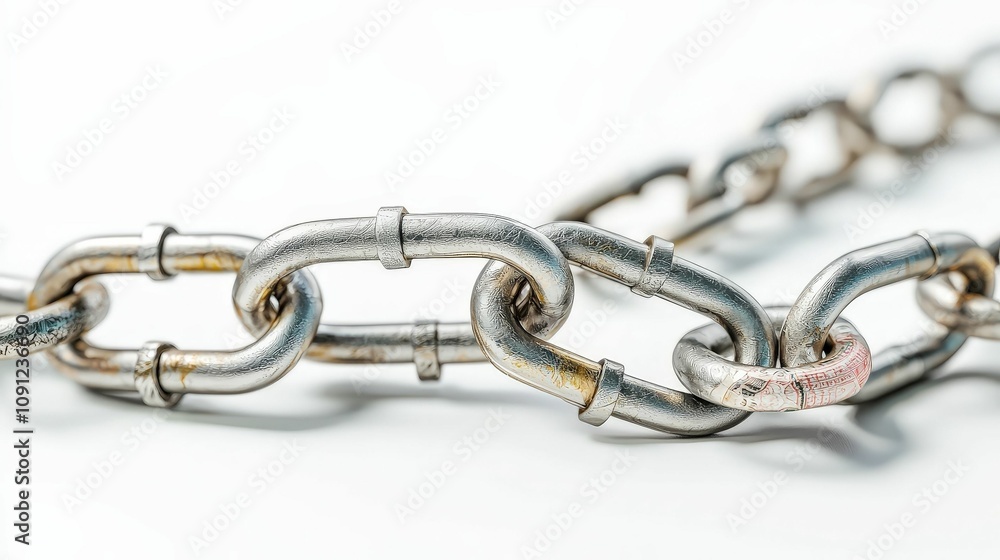 Fototapeta premium A close-up view of a metallic chain, highlighting its interconnected links and shiny surface against a light background.