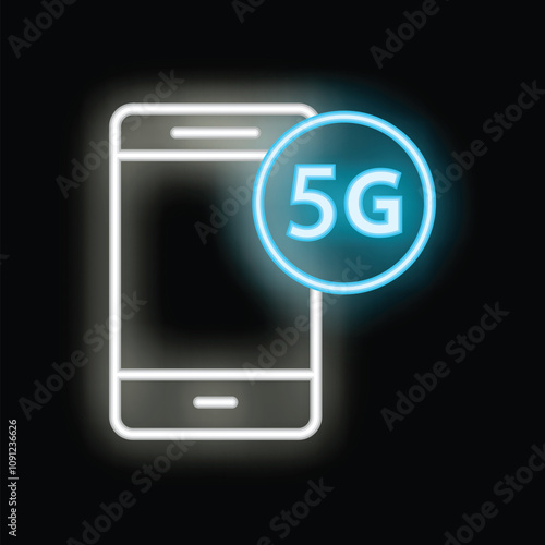 Glowing neon 5g sign is hovering over a smartphone with blank screen for fifth generation wireless