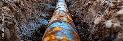 Close-up long rusted pipe that is lying ground Metal in trench photo