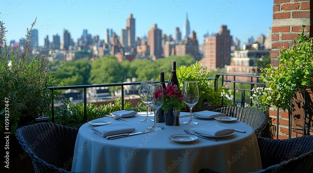 Fototapeta premium Romantic rooftop dinner setting overlooking a cityscape.