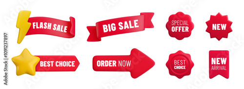 Vector cartoon 3d promo labels set. Special offer, Best Choice, New Arrival, Flash Sale red badges. Realistic 3d render sale stickers. Shopping banner template element. Discount tags isolated on white
