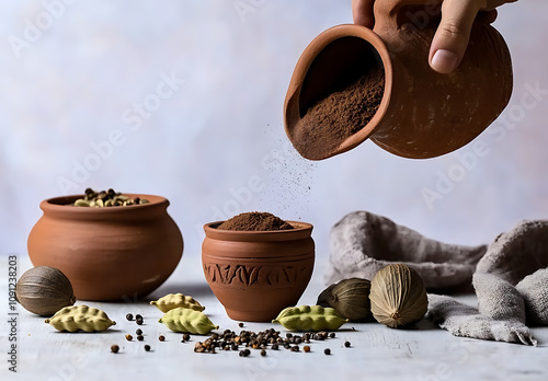 hand pours spiced nutmeg into clay pot surrounded by various spices, creating rustic and aromatic scene. earthy tones and textures evoke sense of warmth and tradition photo