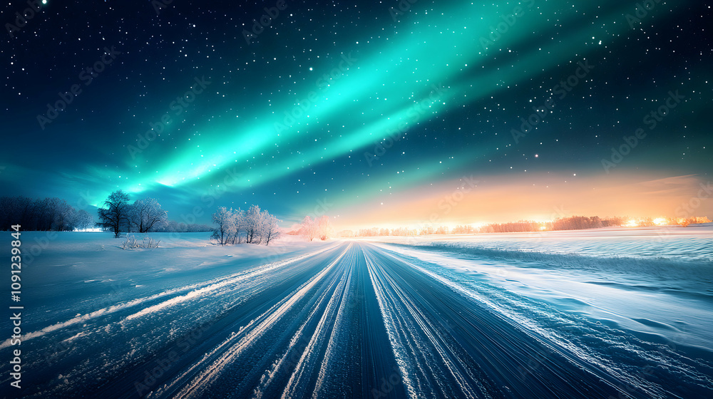 Fototapeta premium Winter Road Leads to Aurora Borealis Display over Snowy Landscape at Night