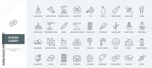 Crystal granulated sugar made from beet or cane in sachet stick, bowl and bag thin black outline symbols vector illustration. Sugar and sweets, bakery and confectionery products line icon set.