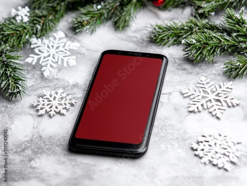 Close-up on smartphone with red Christmas sale theme snowflake icons
