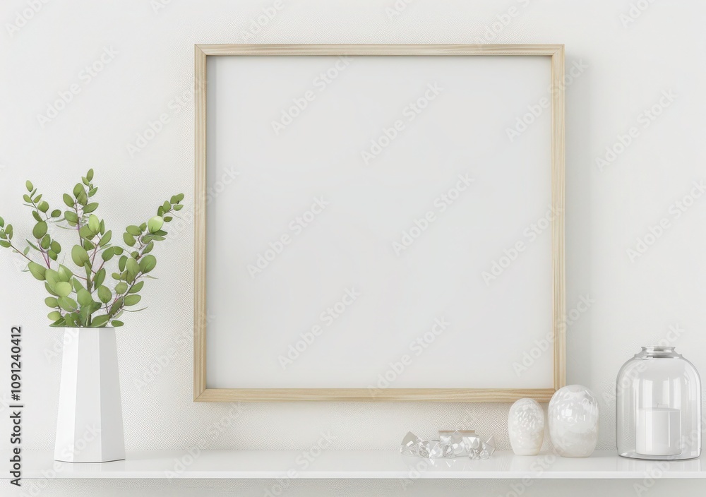 A wooden shelf with a blank picture frame, greenery, and decorative objects against a white wall A wooden shelf with a blank picture frame, greenery, and decorative objects against a white wall