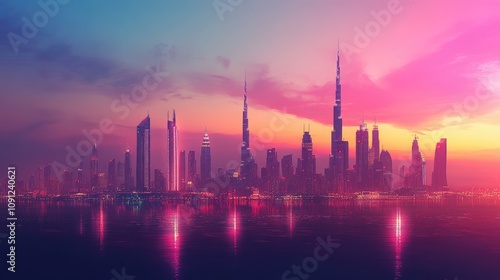 A minimalist skyline with colorful silhouettes of famous landmarks under a glowing twilight sky.