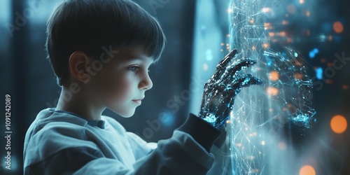 Boy Learns from AI Interaction in Digital Space photo