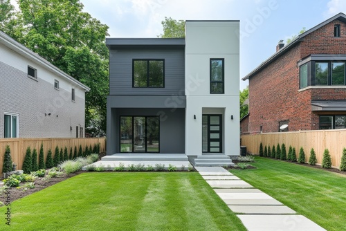 Design a modern house facade with a sharp contrast between grey and white