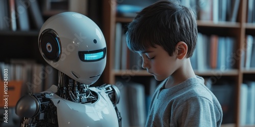 Young boy in library next to a friendly humanoid robot photo