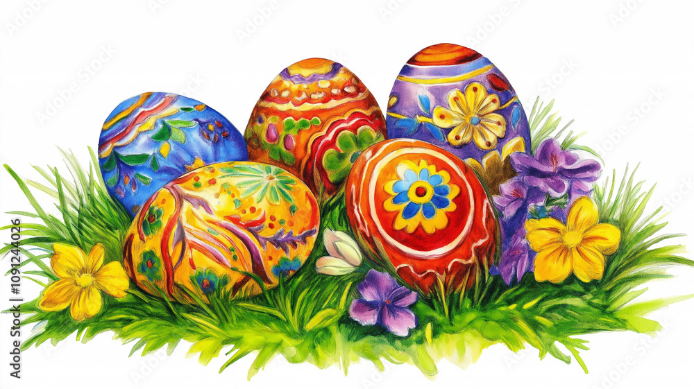 watercolor illustration of painted Easter eggs on the grass on white background watercolor illustration of painted Easter eggs on the grass on white background