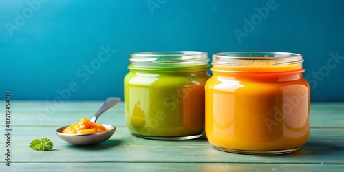 Baby Food Puree in a Jar Isolated on a Transparent Background for Healthy Nutrition and Baby Feeding Ideas with Copy Space for Text and Marketing Purposes photo