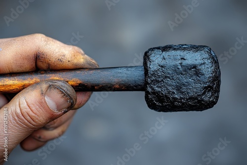 An artist’s hand grips a charcoal stick. On grey background. Professional close-up shot with Canon EF 50mm f/1.2L USM lens on a Canon EOS 5D Mark IV photo