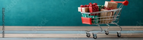 Holiday shopping cart overflowing with digital items gift wrap icons