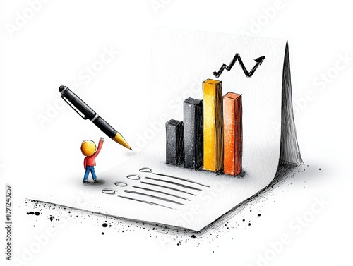 A small figure observes a rising bar chart, illustrating growth and progress in a creative financial concept.