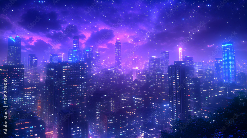 Fototapeta premium Digital Cityscape: Nighttime Metropolis Under a Starry Purple Sky, Glowing Buildings and hazy atmosphere. An Artistic Render.