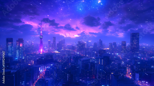Wallpaper Mural Night Cityscape Illustration: Illuminated Towers Under a Starry, Purple Sky Torontodigital.ca