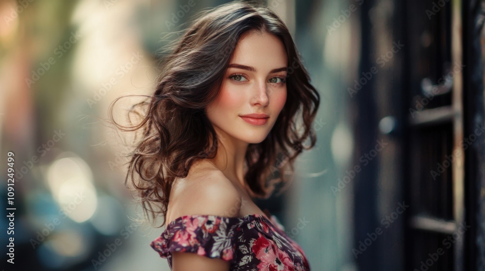 Beautiful brunette young woman wearing dress and walking on the street Beautiful brunette young woman wearing dress and walking on the street