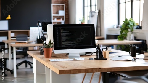 Wallpaper Mural Modern office workspace with computer displaying code, showcasing desks, chairs, and plants. Torontodigital.ca