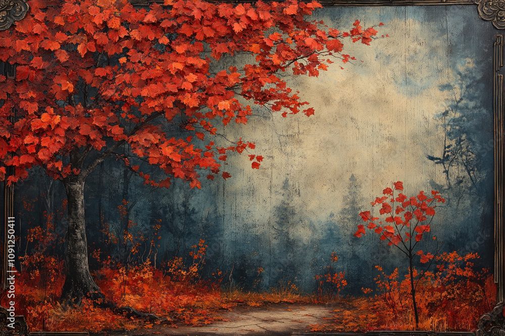 autumn tree with bright red leaves against a forest landscape framed with a decorative frame. autumn tree with bright red leaves against a forest landscape framed with a decorative frame.
