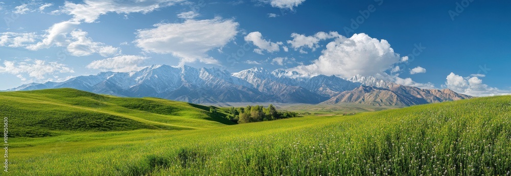 Fototapeta premium Breathtaking Panoramic View of Lush Green Hills and Majestic Snow-Capped Mountains Under a Bright Blue Sky with Fluffy White Clouds