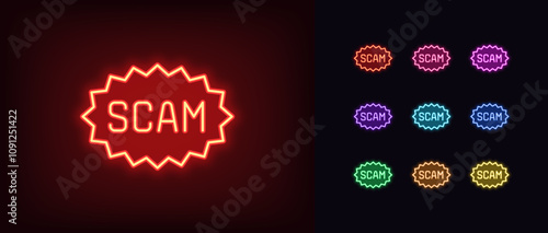 Outline neon scam alert icon set. Glowing neon warning tag with text Scam, fraud caution label. Scam tag, suspicious data, fraud risk, cyber threat, deception danger, internet security. Vector icons