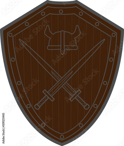 Viking shield with crossed swords and helmet, Viking attributes in brown and gray colors.