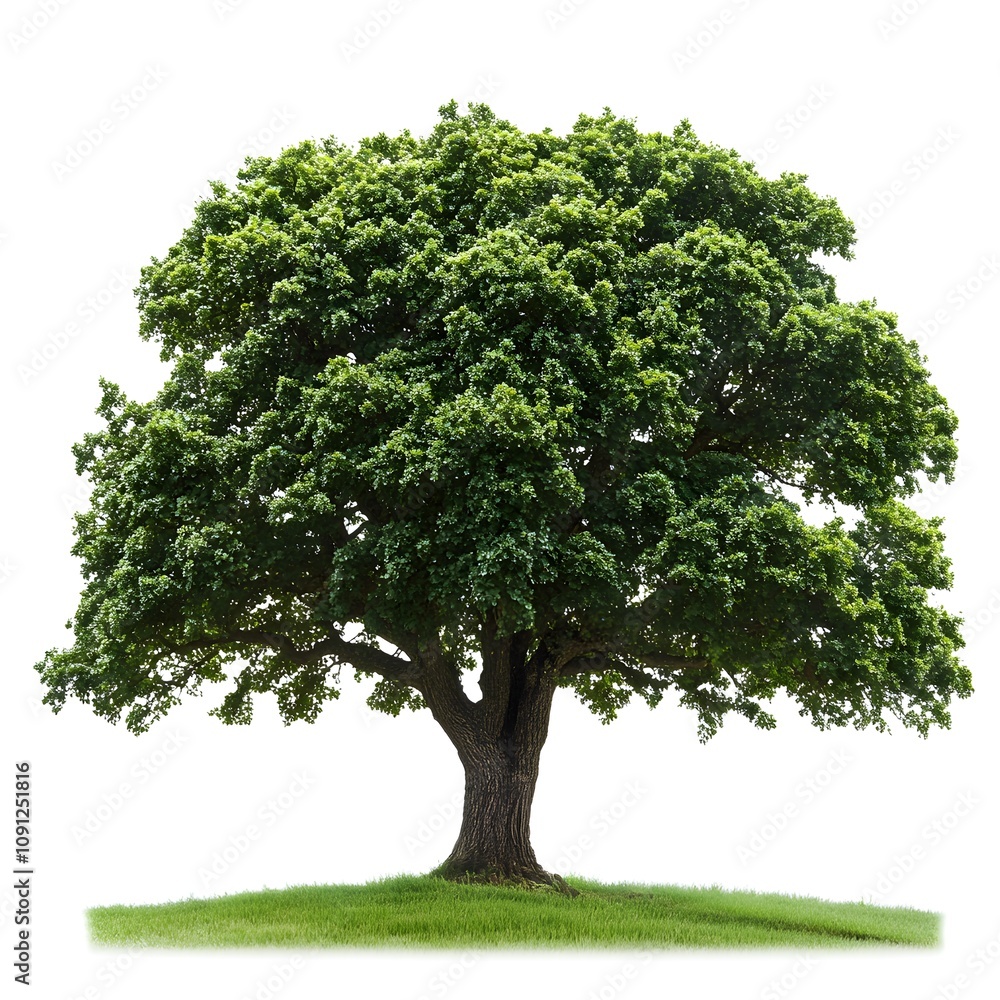 A large, solitary tree with green leaves and a thick trunk. Big tree. Ecology concept. A large, solitary tree with green leaves and a thick trunk. Big tree. Ecology concept.