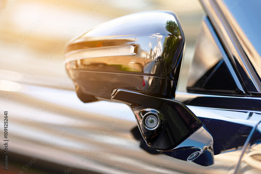 Car advanced side view camera system integrated into rearview mirror, enhanced blind spot detection and rear visibility. Side area monitoring of the vehicle. Car side mirror with blind spot monitoring