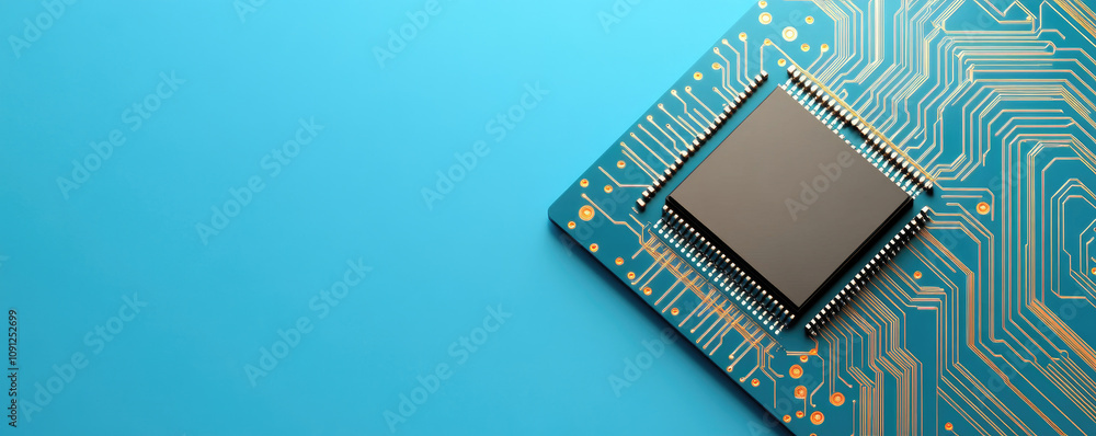 AI Processor Circuit Board, vibrant blue tech background, ideal for web banners or posters, ample copyspace for text integration AI Processor Circuit Board, vibrant blue tech background, ideal for web banners or posters, ample copyspace for text integration