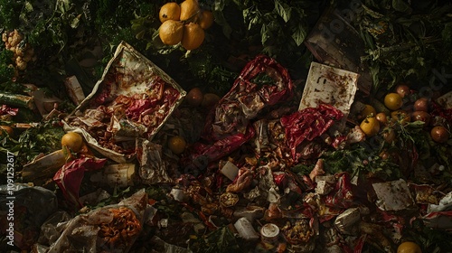 Discarded food packaging along with spoiled food, in a pile. 