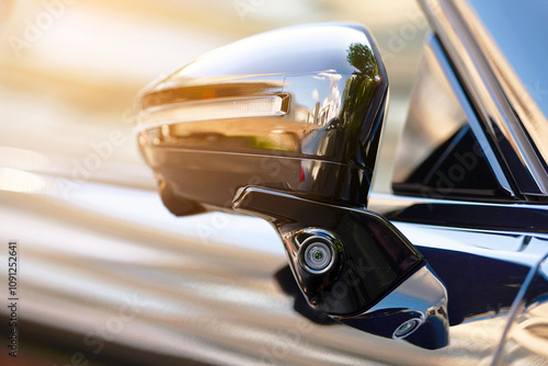 Obraz na płótnie Car advanced side view camera system integrated into rearview mirror, enhanced blind spot detection and rear visibility. Side area monitoring of the vehicle. Car side mirror with blind spot monitoring w salonie