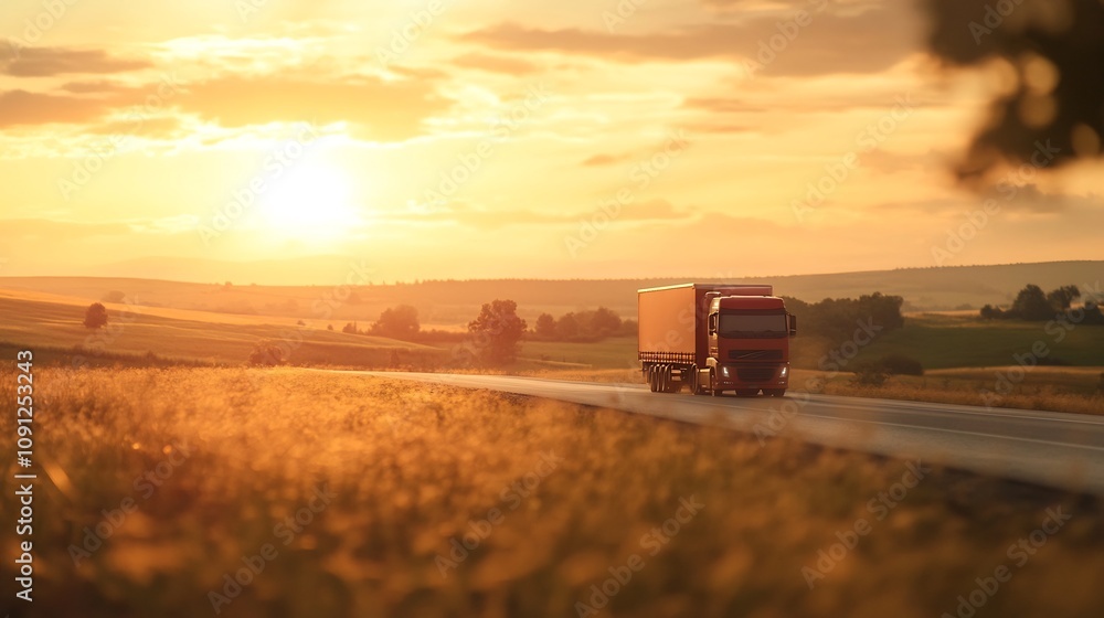 Fototapeta premium Truck driving on rural road during golden hour sunset in countryside landscape