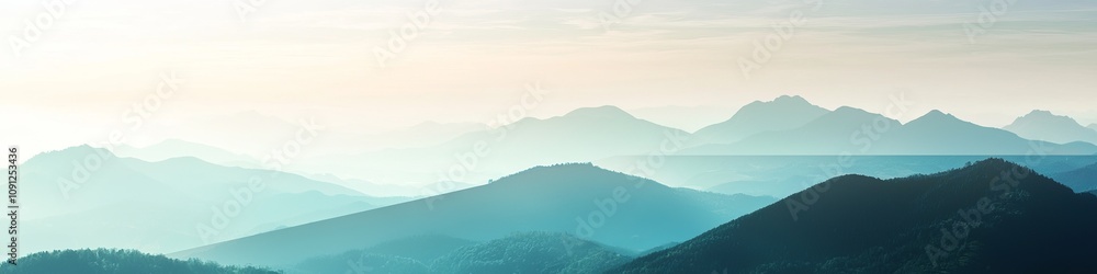 A Majestic Mountain Range, Painted in Soft Hues of Blue and Green. A Tranquil Panorama of Misty Peaks and Valleys. Breathtaking Landscape View from High Elevation A Majestic Mountain Range, Painted in Soft Hues of Blue and Green. A Tranquil Panorama of Misty Peaks and Valleys. Breathtaking Landscape View from High Elevation