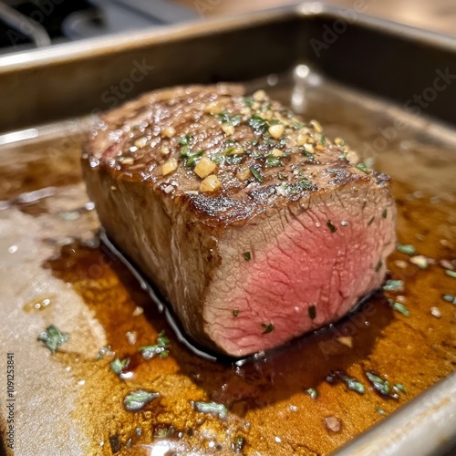 Steak resting on tray photo