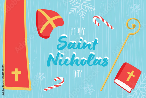 St. Nicholas Day celebration banner. Festive horizontal design with St. Nicholas' attributes – hat, Bible, scepter – on a snowy blue background with decorative snowflakes