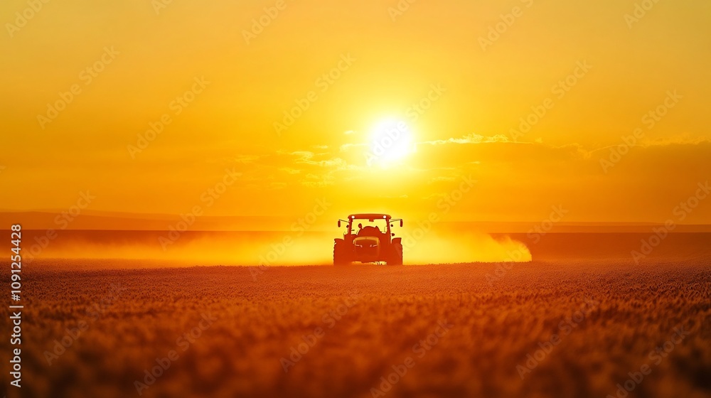 Fototapeta premium Tractor Spraying Soybean Field During Picturesque Sunset in Summer Countryside