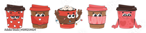 Valentines day cartoon coffee cup set. Print for cards, stickers, banners, posters. Retro groovy vector characters. 
