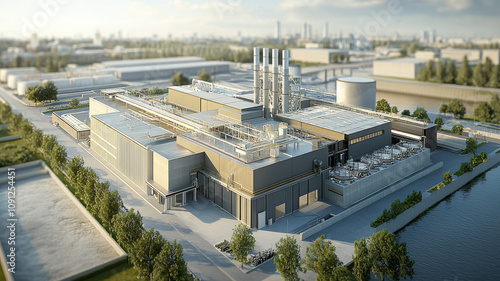 Aerial view of modern SMR power plant with multiple structures and greenery. facility features industrial architecture and is situated near water body, showcasing advanced energy production