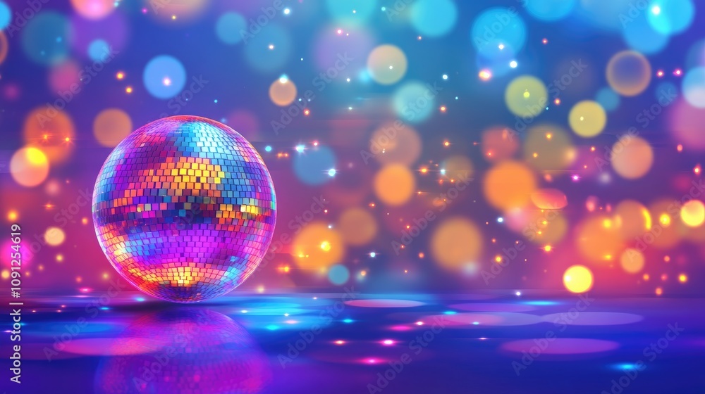 A radiant disco ball casts a mosaic of vibrant colors and shimmering bokeh lights across a vibrant dance floor, creating an energetic and festive party atmosphere. A radiant disco ball casts a mosaic of vibrant colors and shimmering bokeh lights across a vibrant dance floor, creating an energetic and festive party atmosphere.