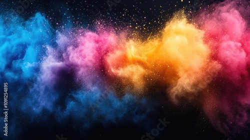 Vibrant cloud of colored powder explosion against a dark backdrop, showcasing a stunning blend of blue, pink, orange, and yellow hues in a mesmerizing artistic display.