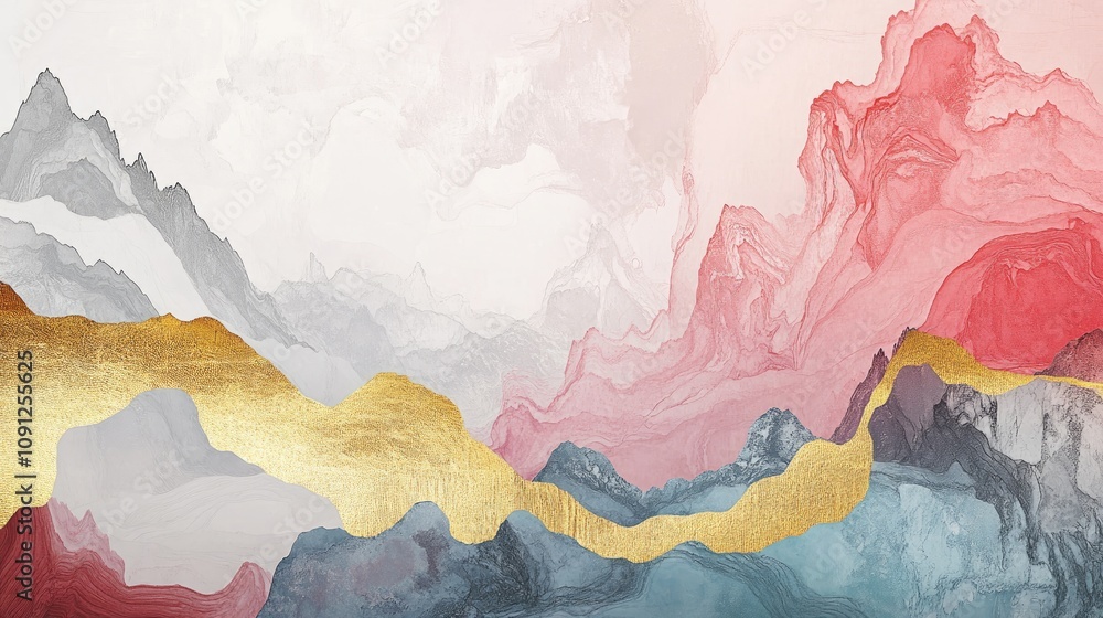 Naklejka premium Abstract mountain landscape painting in contemporary Chinese style with vibrant red and gray hues, enhanced by striking golden line work capturing national art trends.