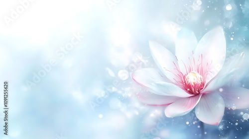 Soft focus close-up of a delicate, light pink and white magnolia blossom against a dreamy, light blue background.