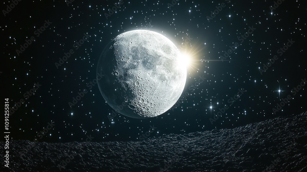 Fototapeta premium A large, bright moon hangs in a starry sky, with a glimpse of the sun breaking through behind it.