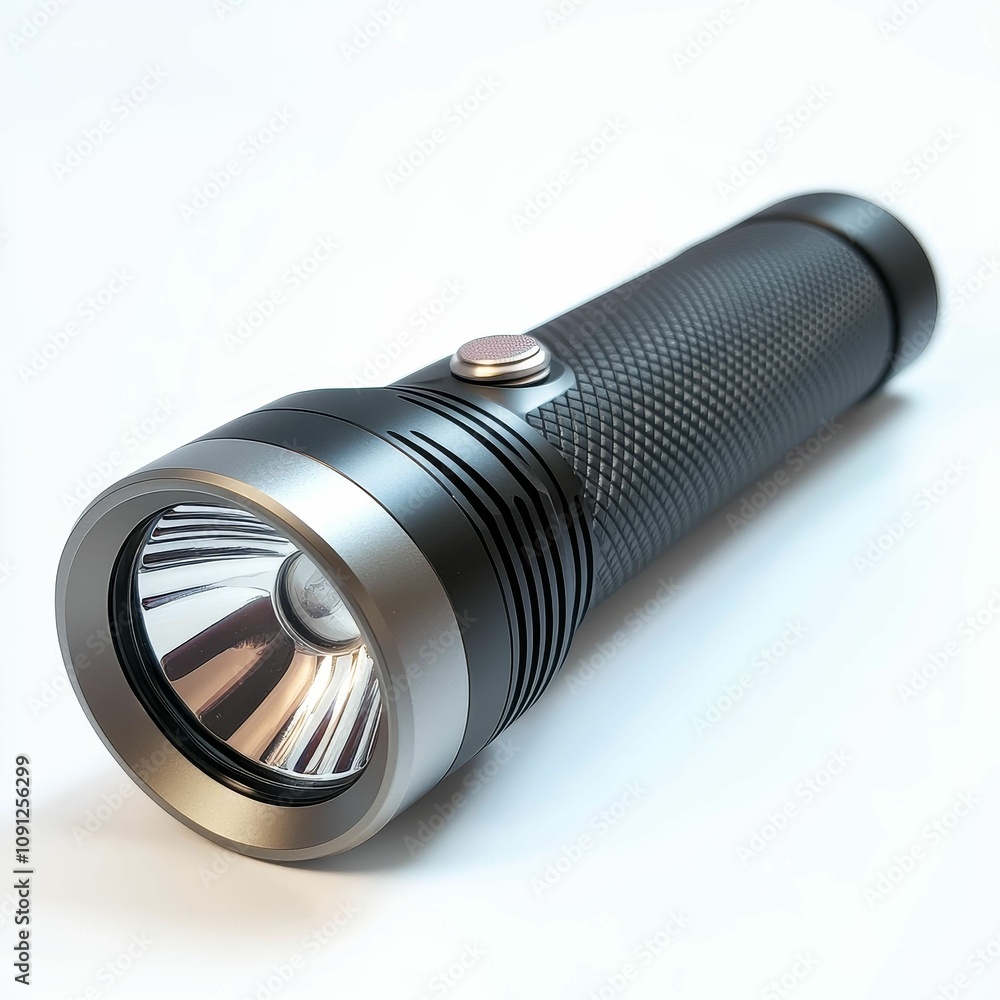 Sleek black flashlight with bright LED light. Sleek black flashlight with bright LED light.