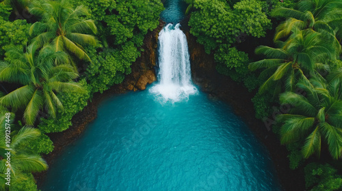 Secluded Waterfall Paradise: Tranquility and wonder abound in this aerial view of a hidden waterfall cascading into a pristine turquoise pool, surrounded by lush tropical foliage.   photo